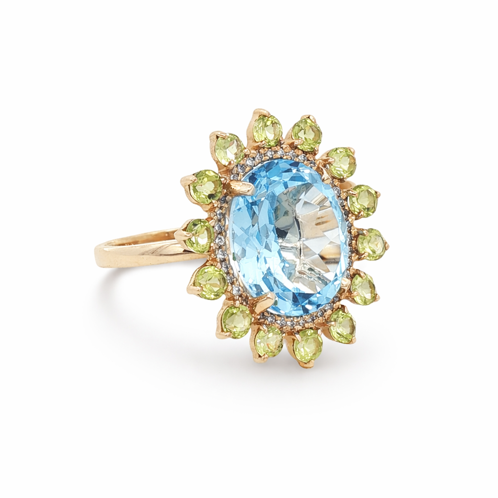 D0.18CT 14KY RING LIGHT BLUE TOPAZ 2CT AND PERIDOT T6