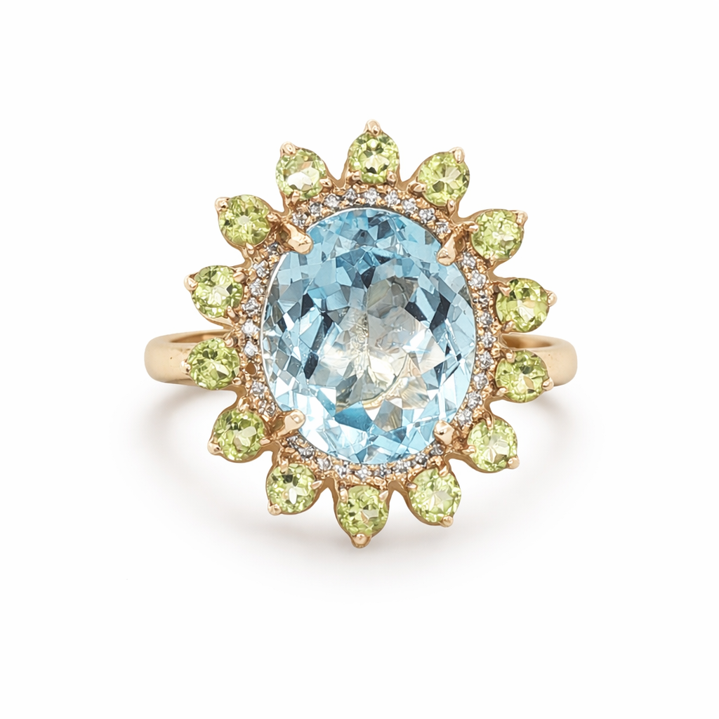 D0.18CT 14KY RING LIGHT BLUE TOPAZ 2CT AND PERIDOT T6