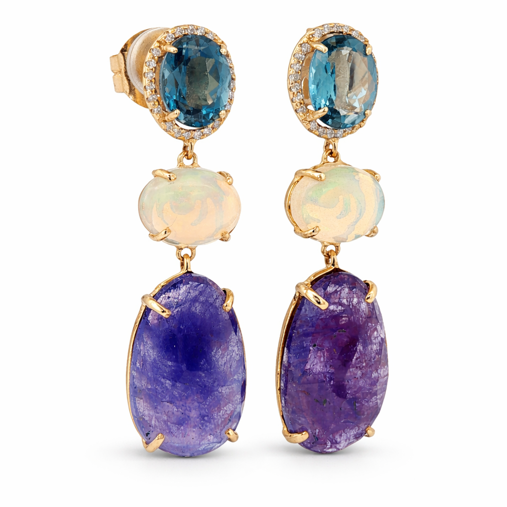 D0.25CT 14KY EARRINGS TANZANITE 4CT OPAL 3CT LONDON BLUE TOPAZ 2.5CT