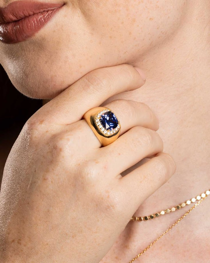 925YG BIG SQUARE BLUE CZ ADJUSTABLE RING