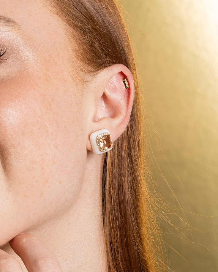 925YG BIG SQUARE CHAMPAGE CZ ENAMEL WHITE EARRINGS