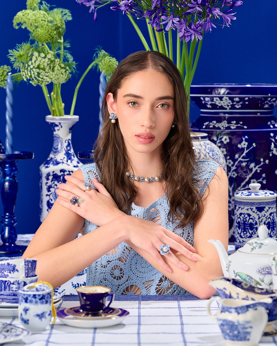 925SL FLOWER BLUE PAVE CENTER PEARL AND TOPAZ BLUE CZ RING T7