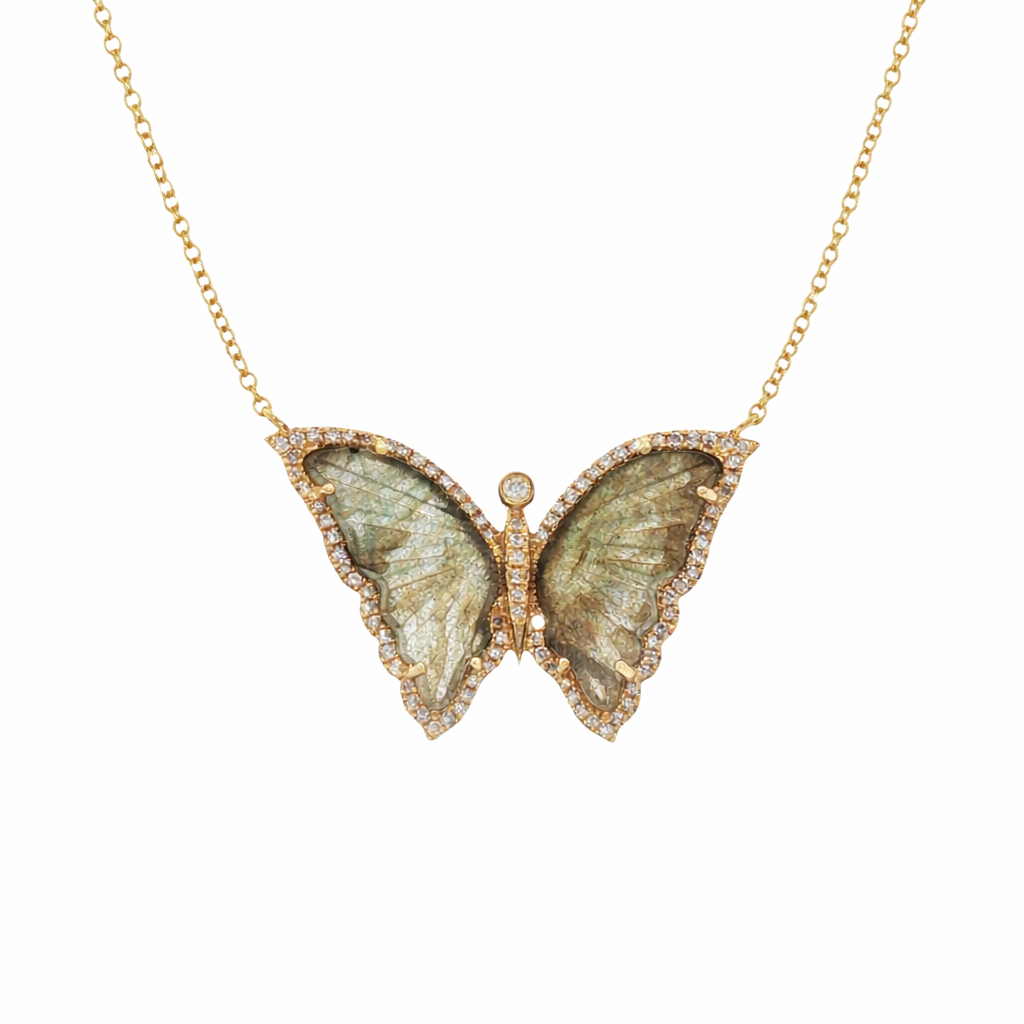 D0.22 14KY CARVED LABRADORITE OF PEARL DIAMOND BUTTERFLY NECKLACE
