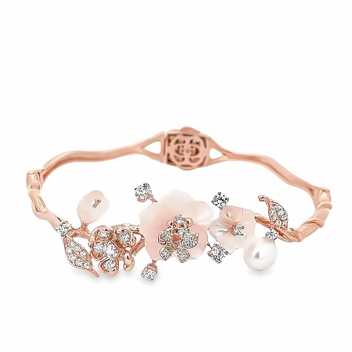 BRACELET SILVER CENTER ROSE QUARTZ FL WHITE CZ FRESH WATER PEARL WHITE - C'SANTOS