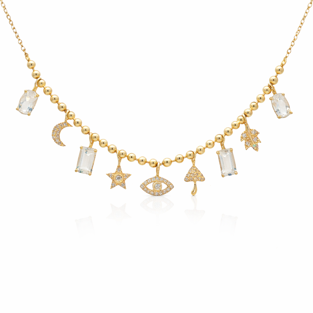 Collar de Oro Amarillo 14K con Piedra Luna y Diamantes