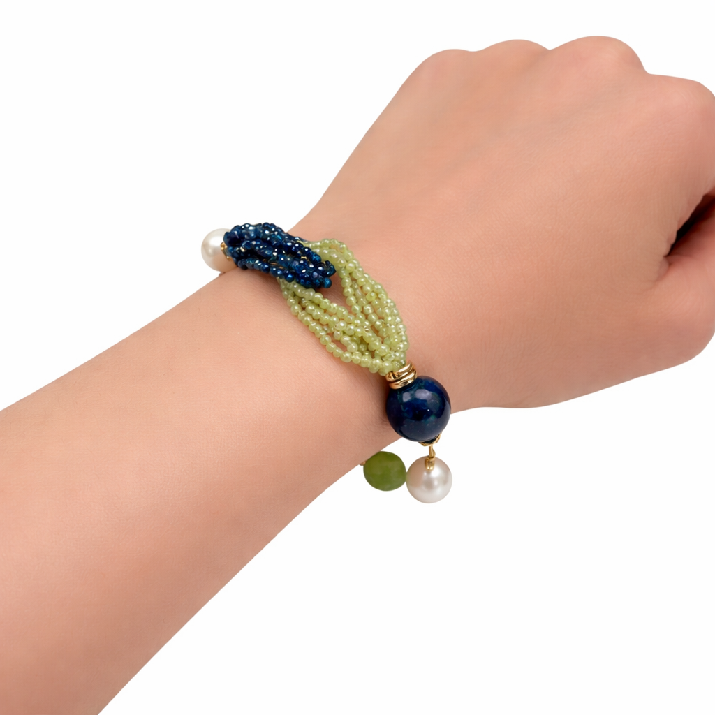 Pulsera de Plata 925 Bañada en Oro con Lapislázuli y Perlas