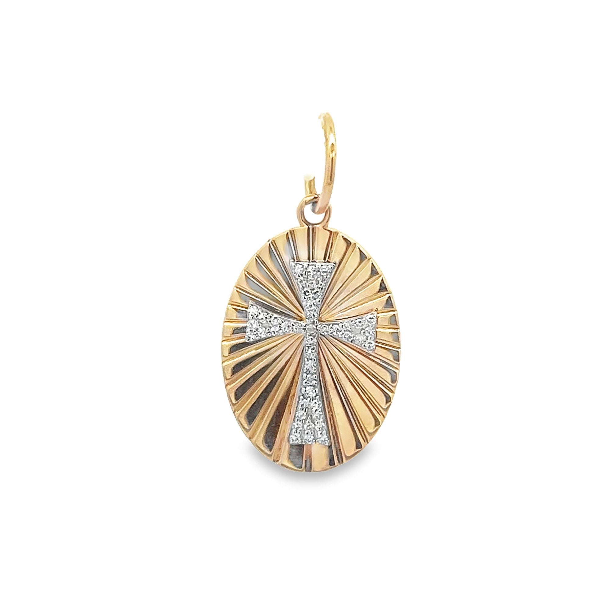 D0.09CT 14KY OVAL STRIPED CROSS PAVE PENDANT - C'SANTOS