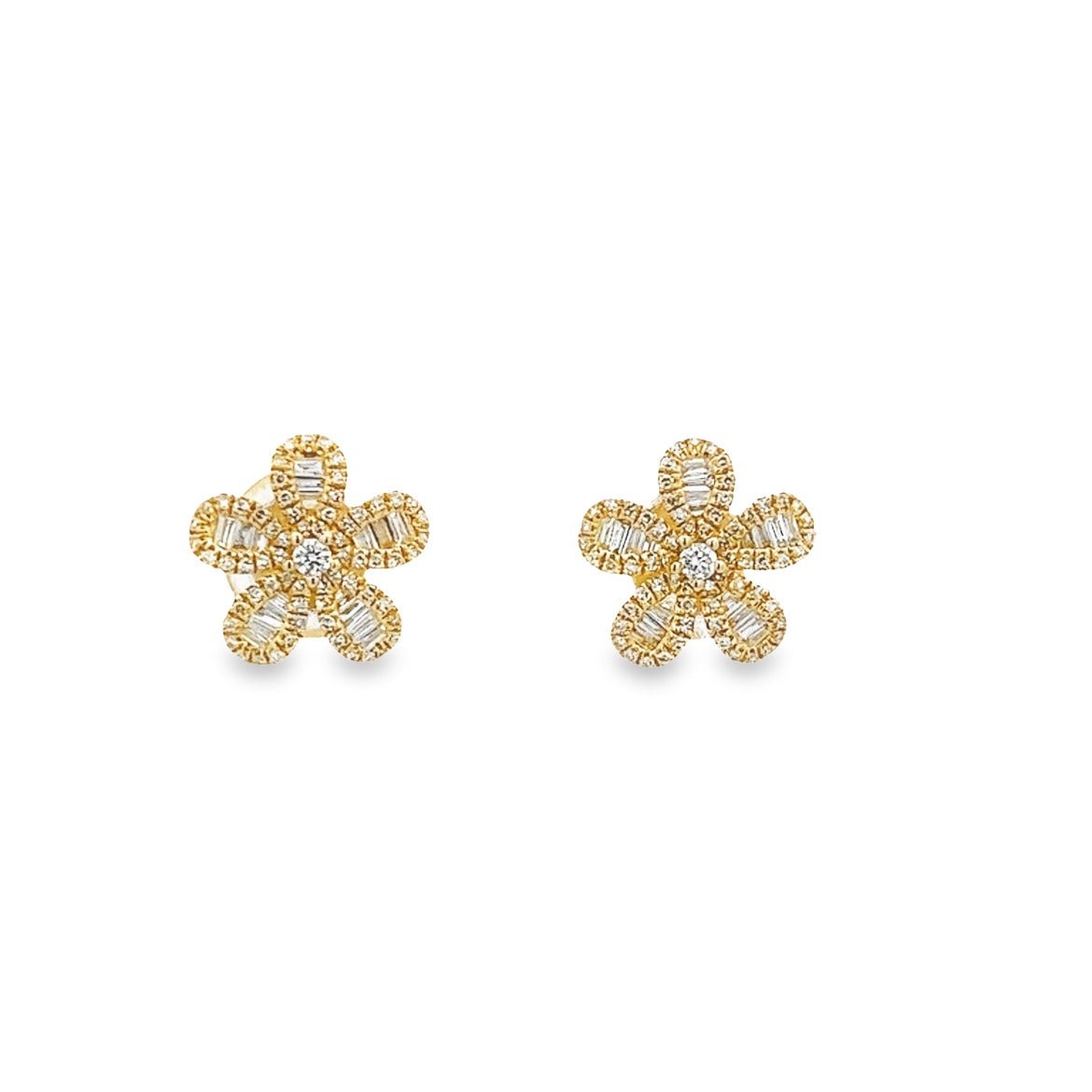 D0.21 14KY BAGUETTE DIAMOND FLOWER STUD EARRING - C'SANTOS