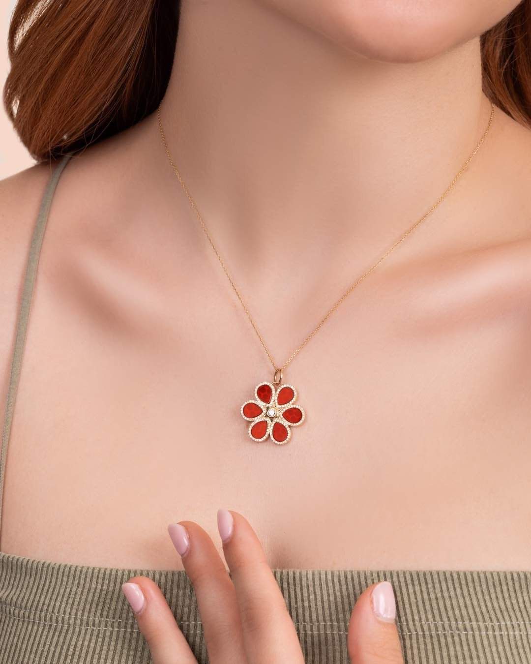 D0.40CT 14KY RED ONYX DIAMOND FLOWER CHARM - C'SANTOS