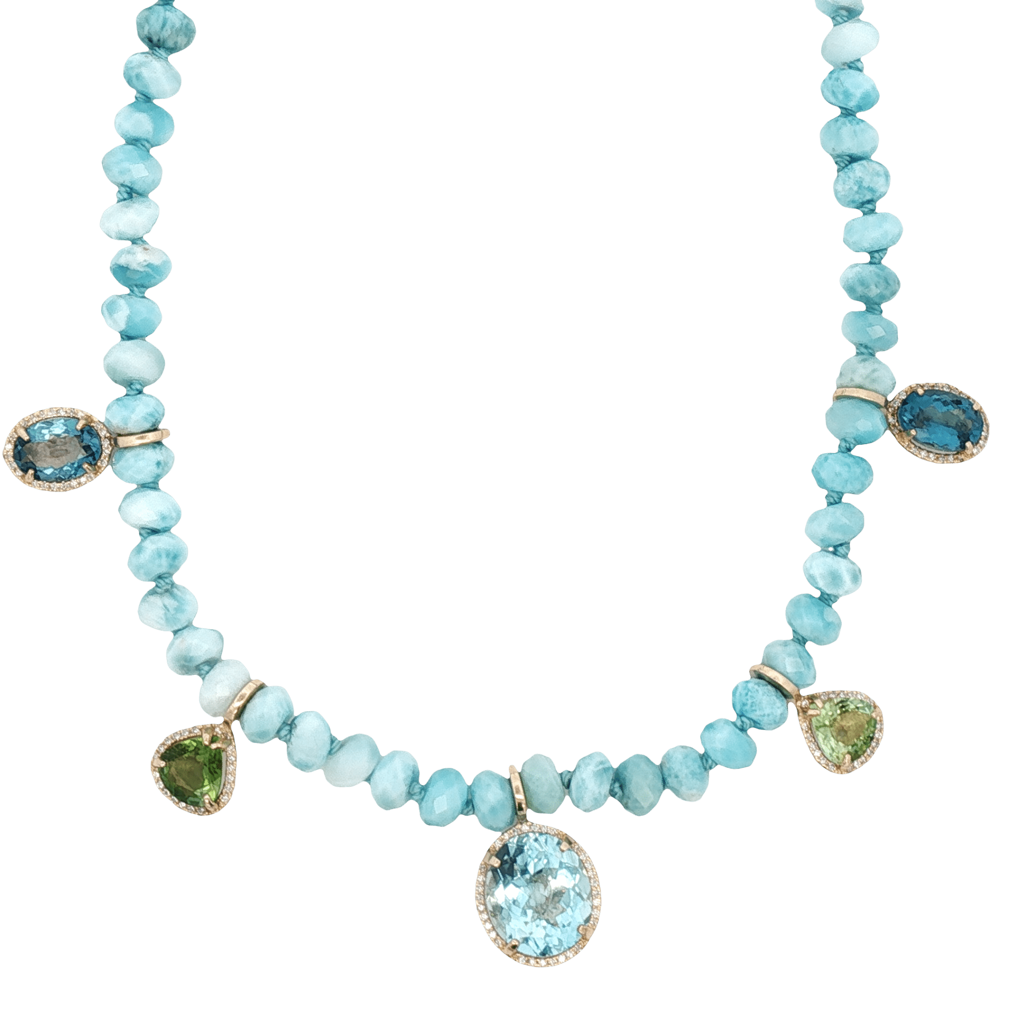 D0.81CT 14KY MULTI CHARM LARIMAR BEADS NECKLACE TURQUOISE LIGHT BLUE TOPAZ 17CT TOURMALINE 3CT LONDON BLUE TOPAZ 7CT - C'SANTOS