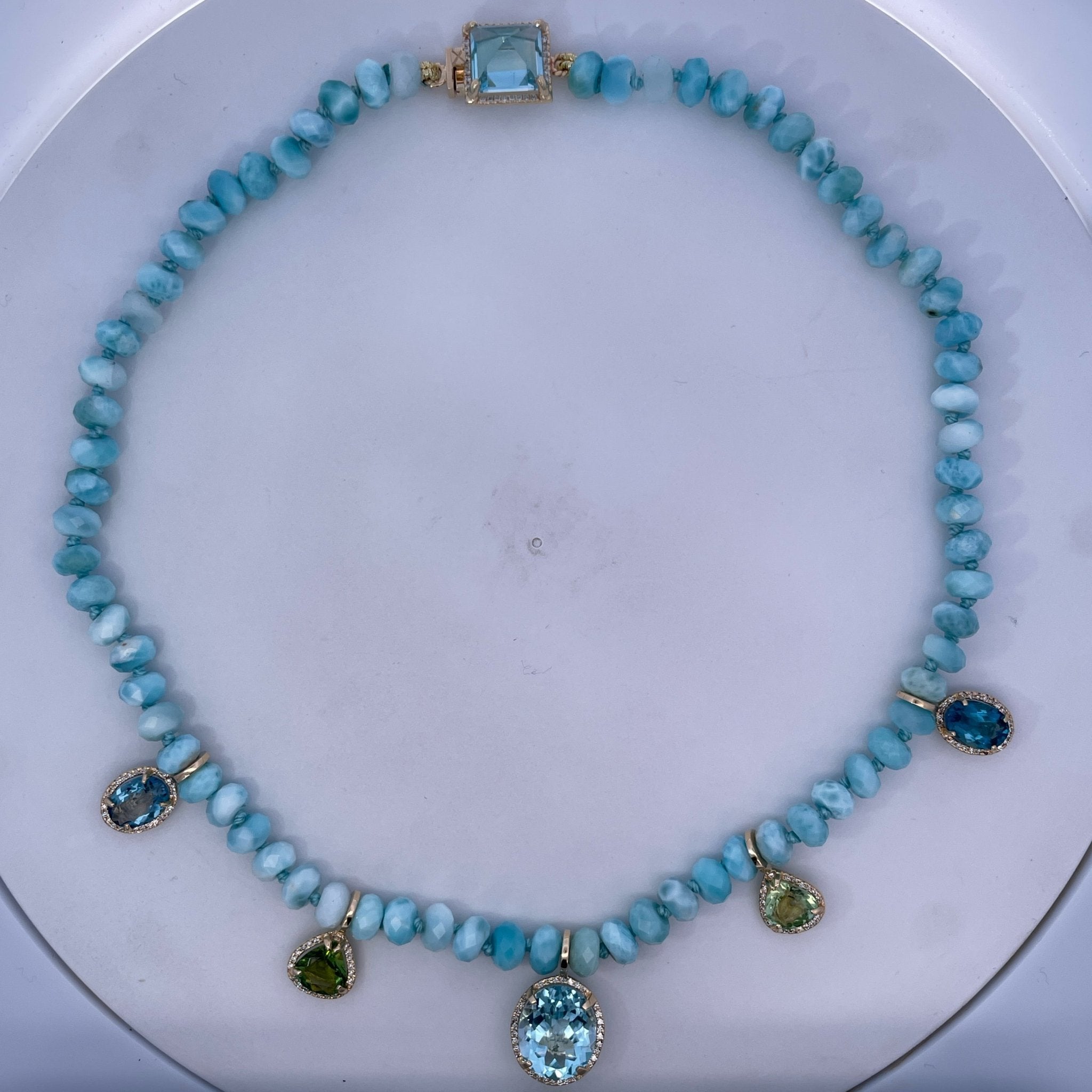 D0.81CT 14KY MULTI CHARM LARIMAR BEADS NECKLACE TURQUOISE LIGHT BLUE TOPAZ 17CT TOURMALINE 3CT LONDON BLUE TOPAZ 7CT - C'SANTOS