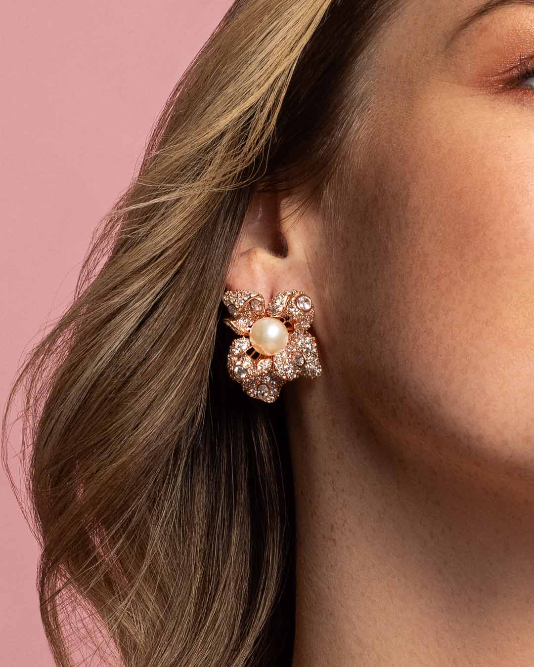 EARRING SILVER CENTER NATURAL PEARL ORANGE WHITE CZ - C'SANTOS