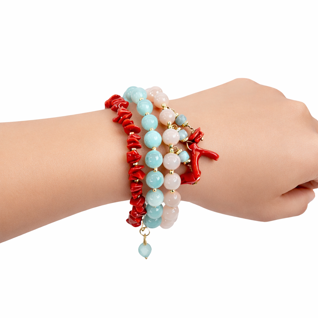 Pulsera de Tres Hilos con Jade y Coral