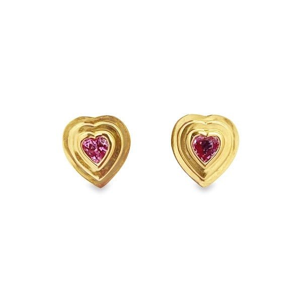 PS0.80 14KY GOLD BEZEL PINK SAPPHIRE HEART STUD EARRING - C'SANTOS