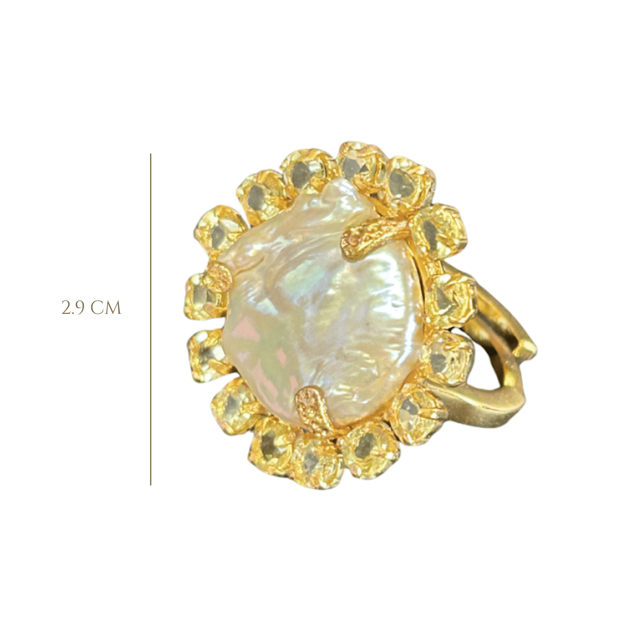 RING 15 MM ROUND COIN PEARL SURROUNDED WITH ROUND LEMON QUARTZ - C'SANTOS