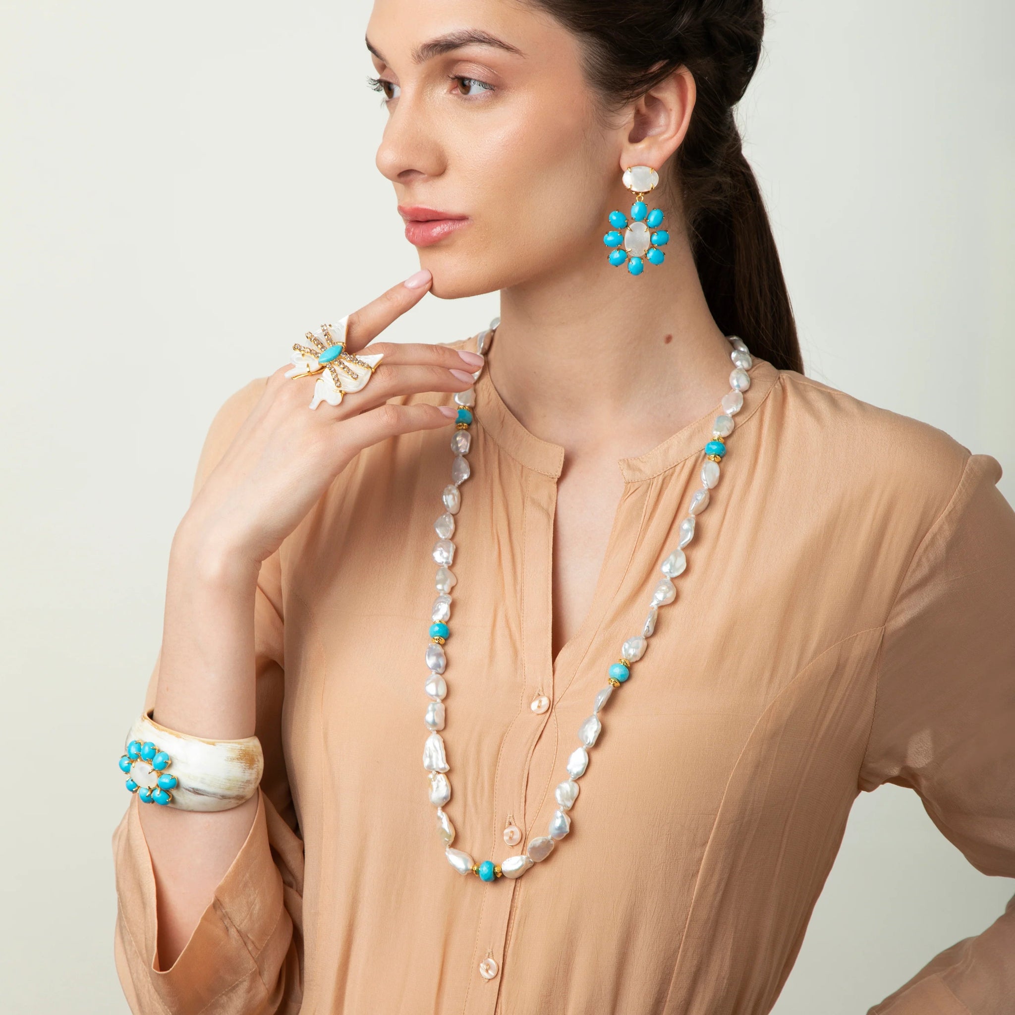 RING MOTHER OF PEARL TURQUOISE AND IOLITE - C'SANTOS