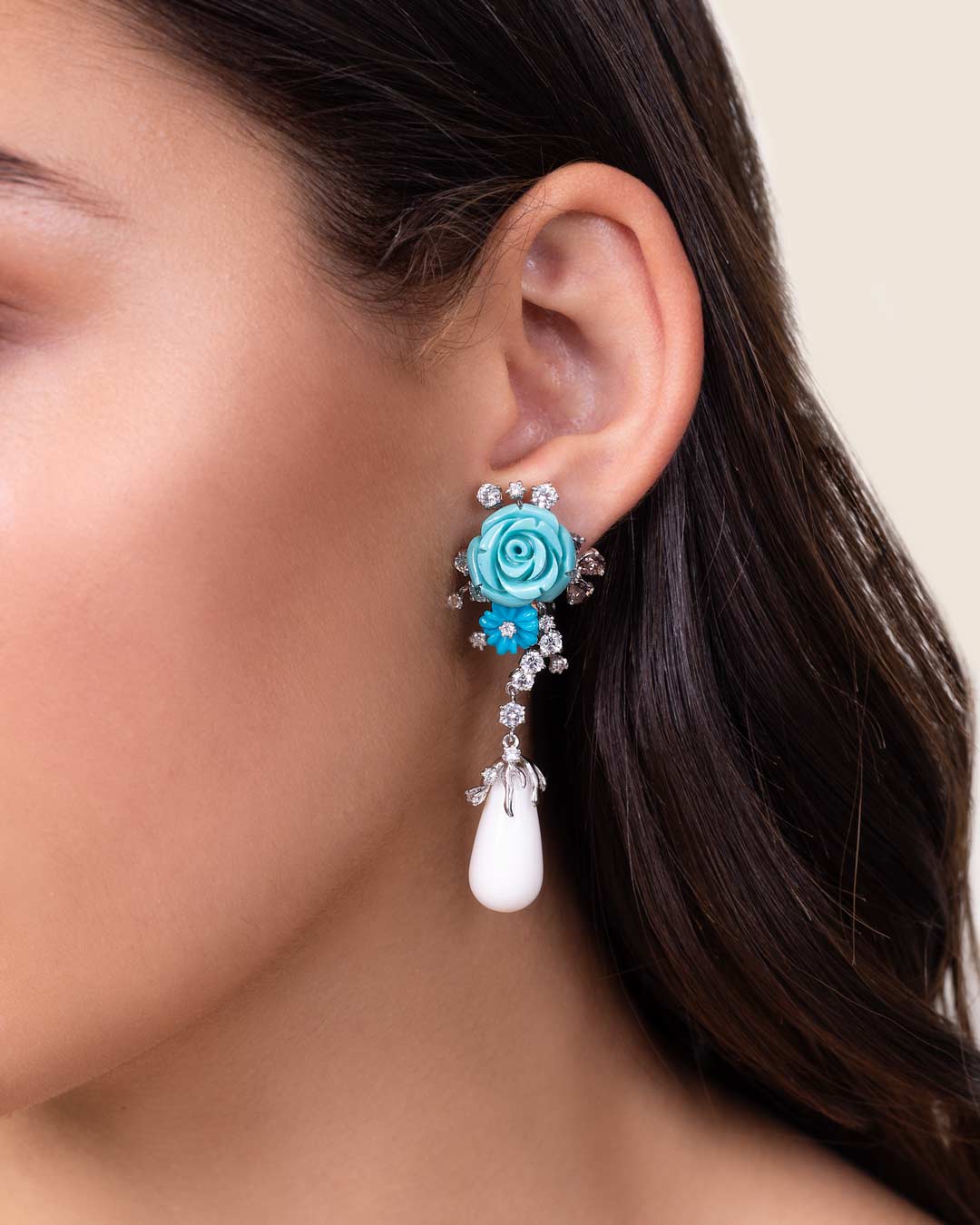 EARRING SILVER CENTER ONYX WHITE SMOKY CZ WHITE CZ FL SYN TURQUOISE