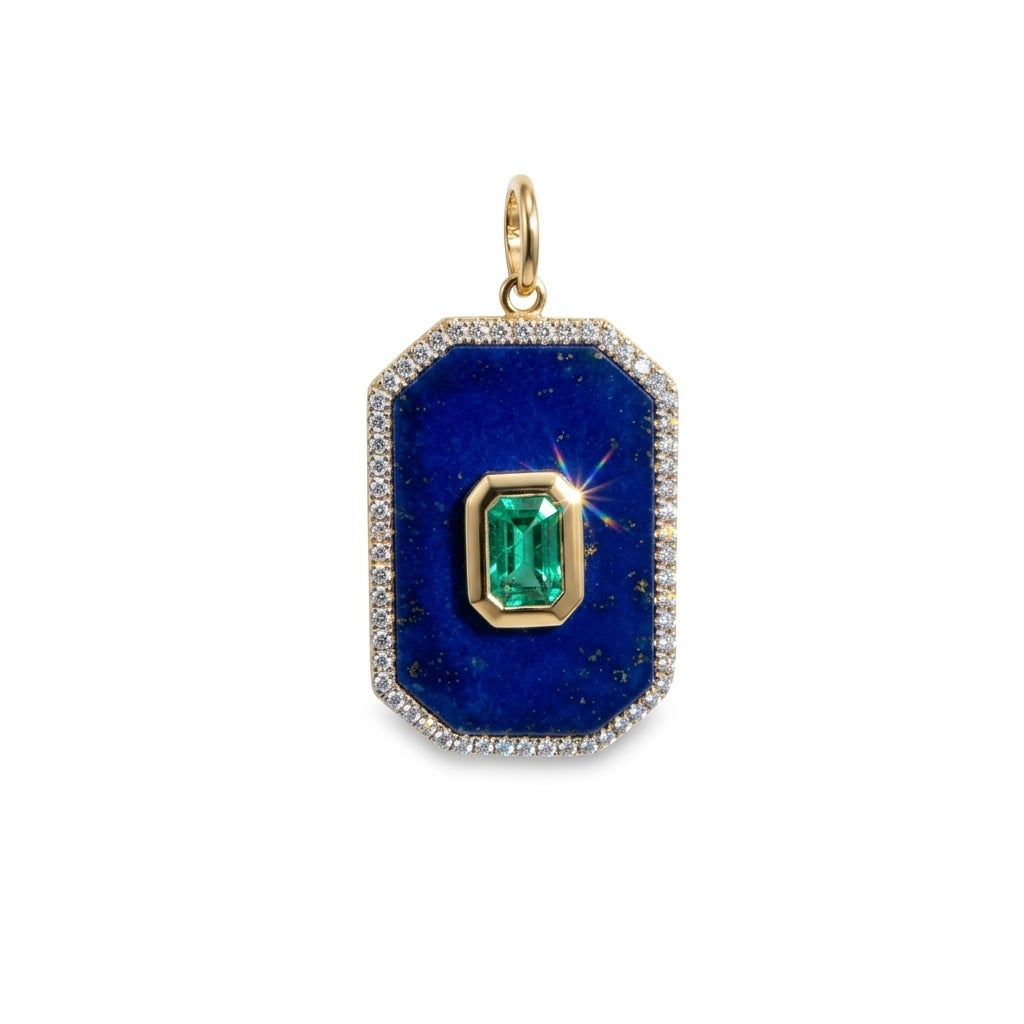 D0.25CT 14KY TAG LAPIS LAZULI CENTER EMERALD PENDANT LL5.42CT