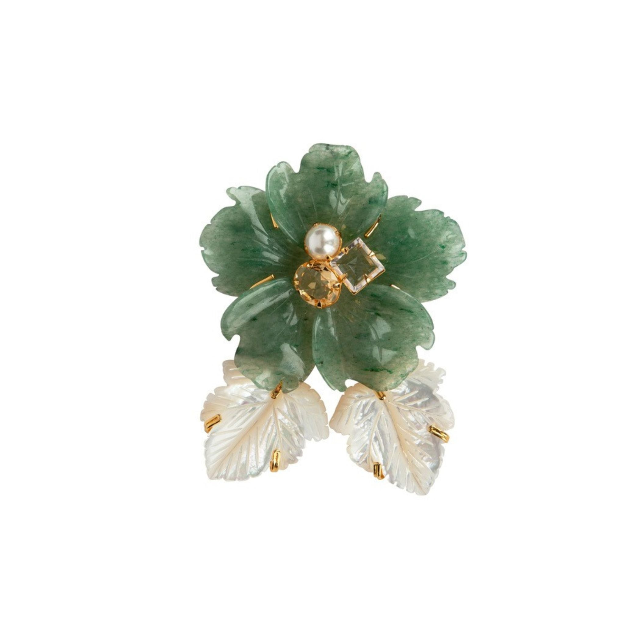 BROOCH SET WITH 55MM GREEN AVENTURINE FLOWER 2 WITE MOP LEAVES WITH PEARL CITRINE AND LABRADORITE