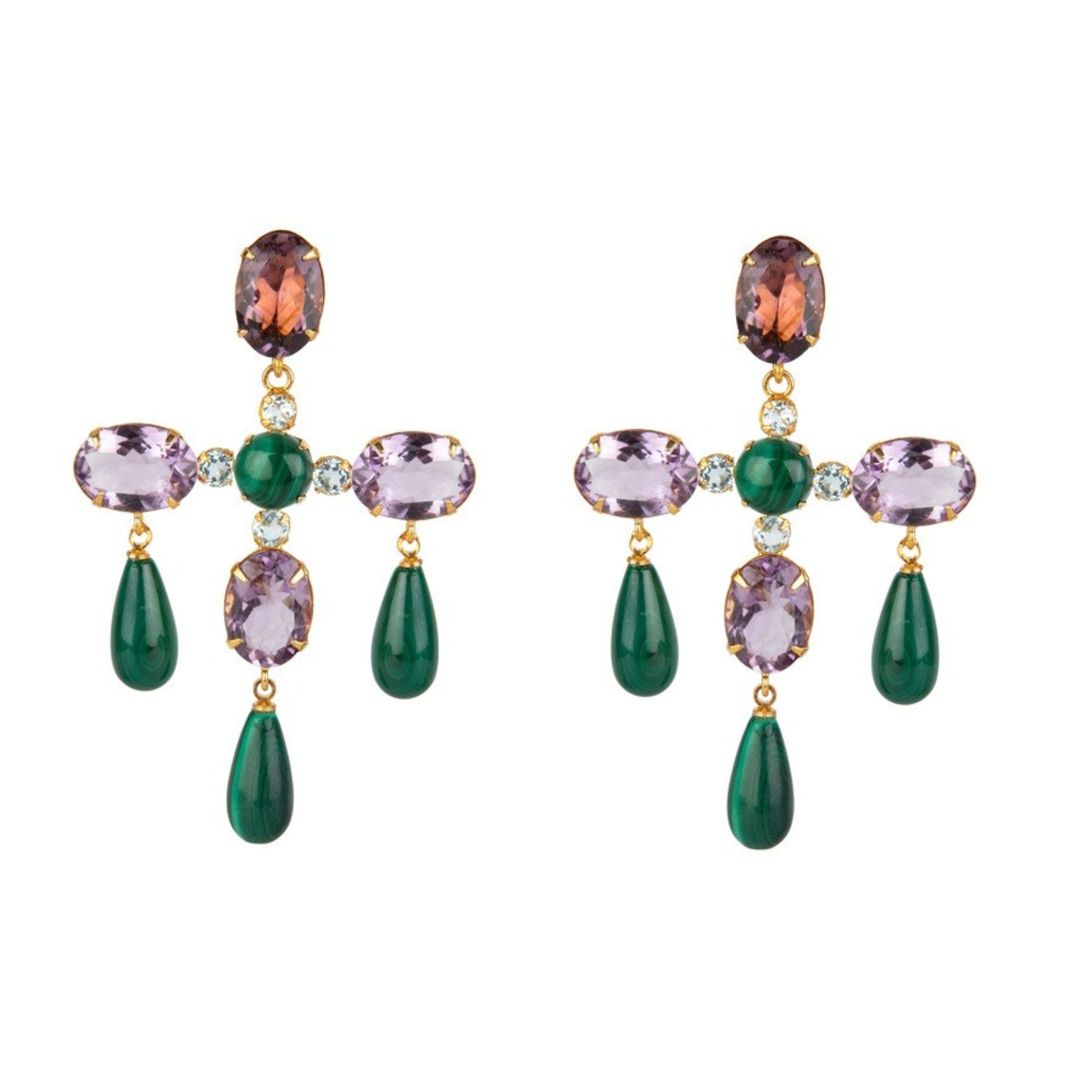 EARRINGS WITH FACTED AMETHSYT OVALS AND MALACHITE DROPS
