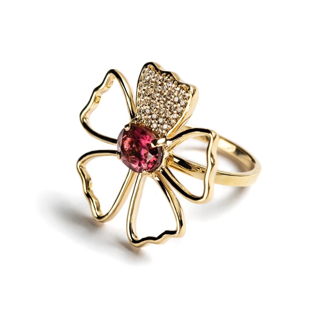 D0.20 CT ANILLO ORO AMARILLO 14KT SILUETA FLOR CON TOURMALINA CORINTA