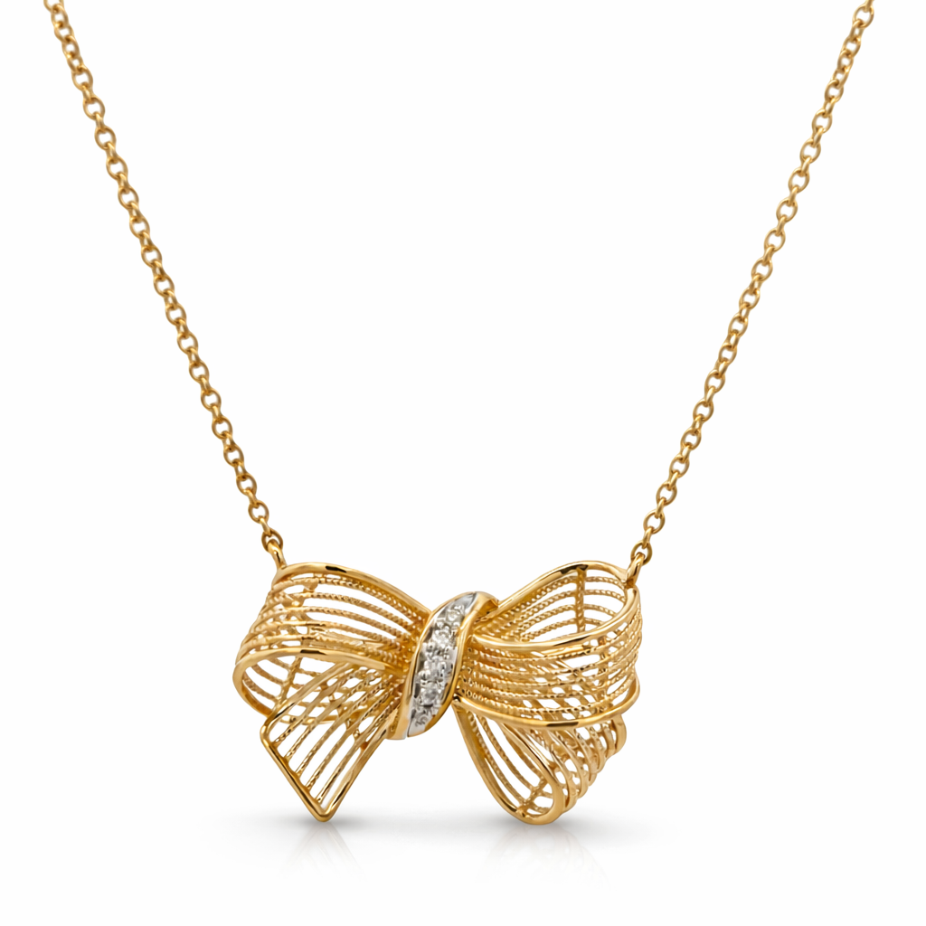 D0.02CT 14KY MESH BOW NECKLACE