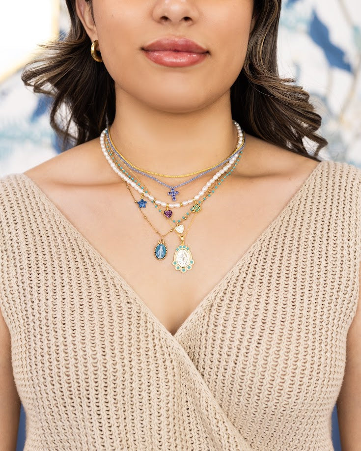 Collar Virgen Milagrosa con Turquesas en Plata 925 Bañada