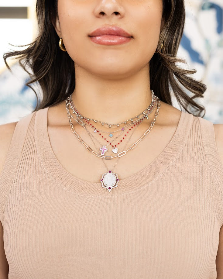 NECKLACE 925 SILVER VIRGIN OF THE ROSARY WITH STONES RED