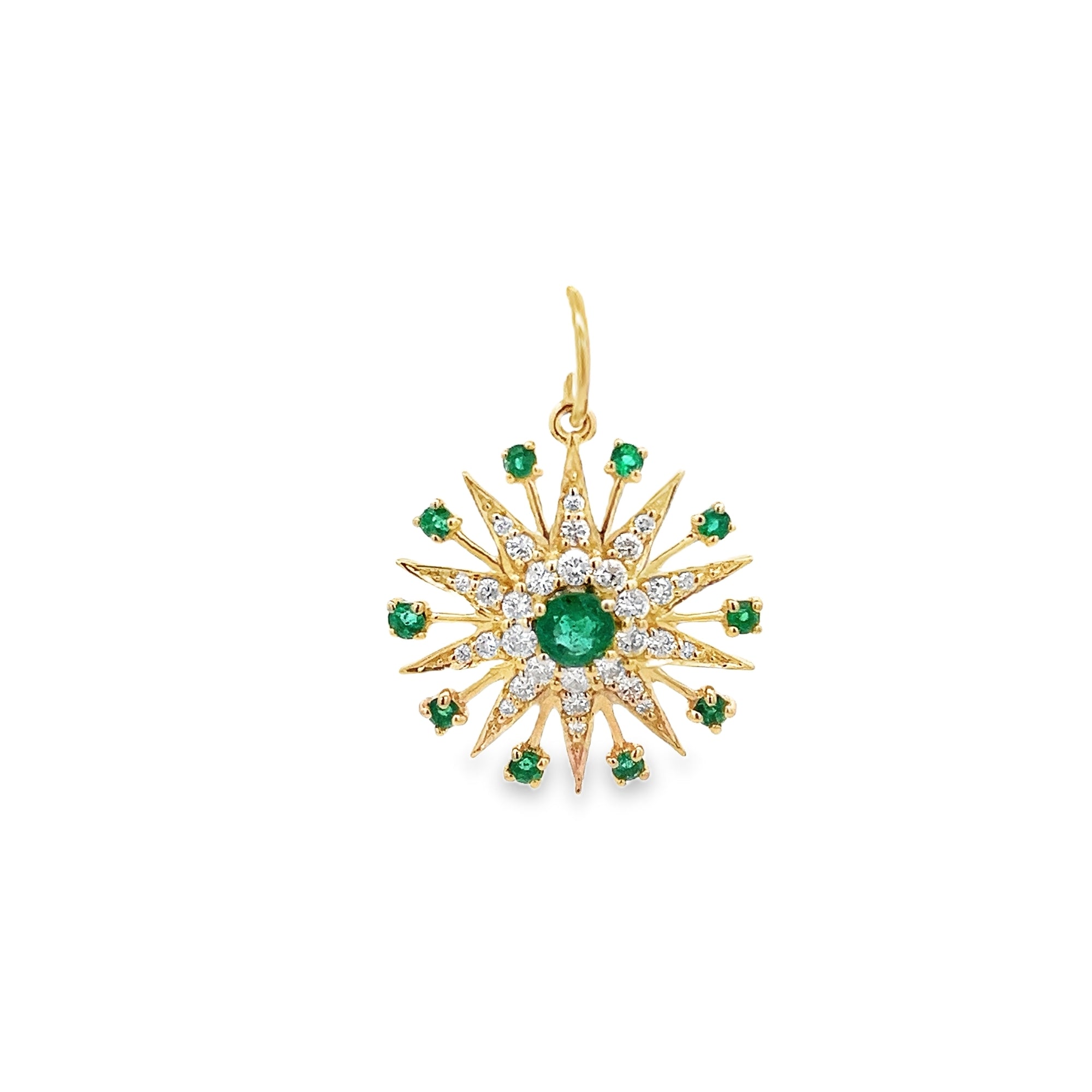 Dije Estrella de Sol con Diamantes y Esmeraldas en Oro Amarillo 14K