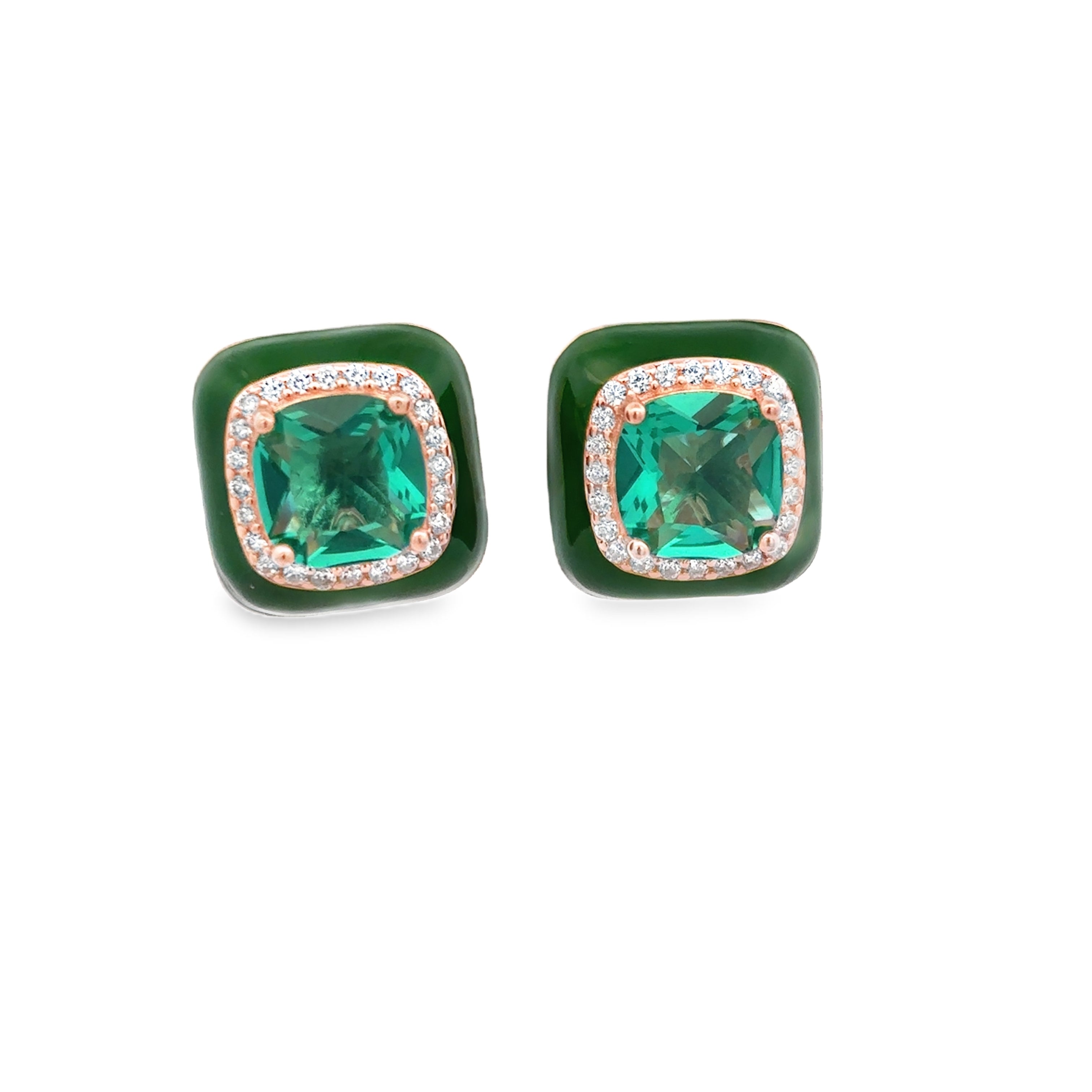Aretes Cuadrados Verdes con Circonias en Oro Rosa