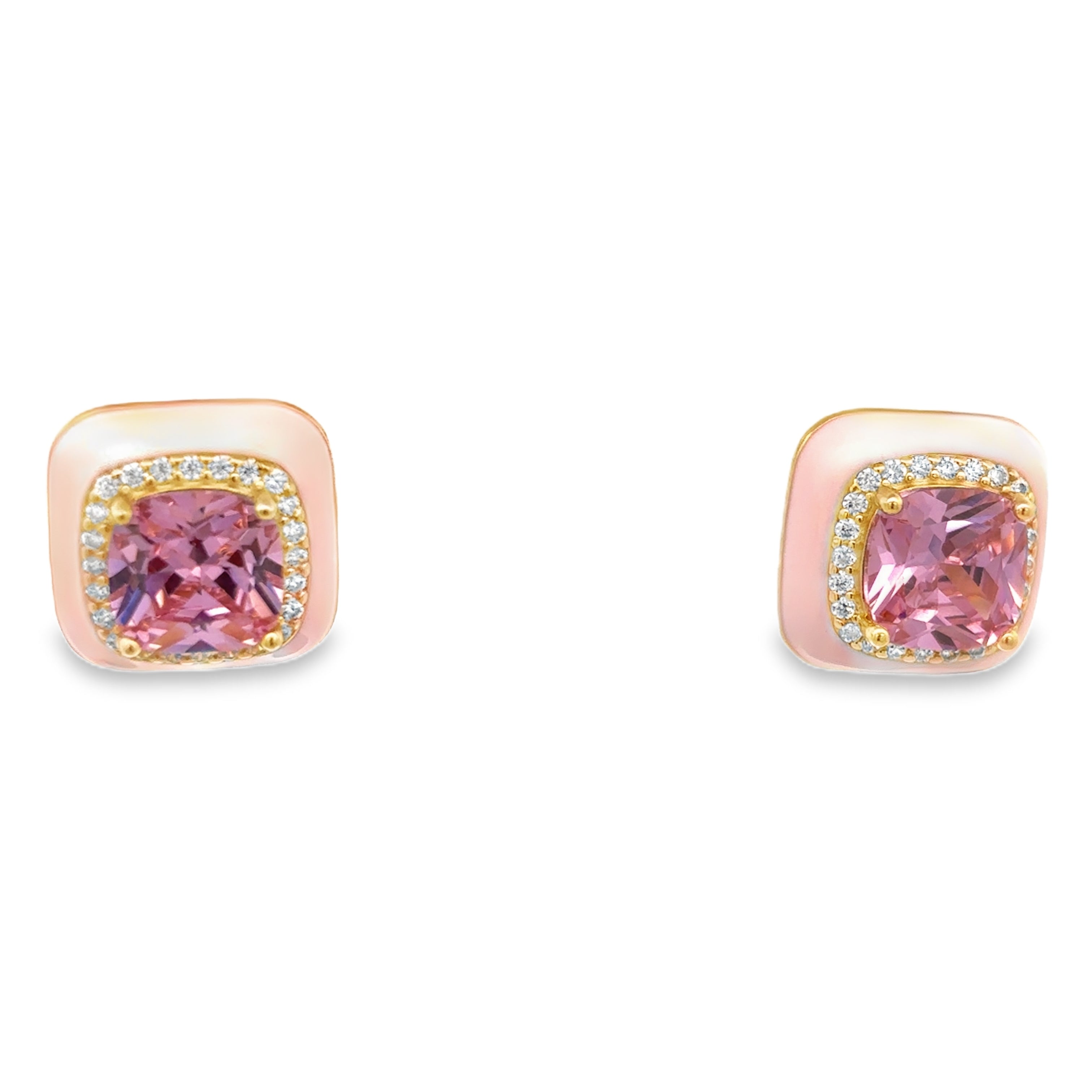 Aretes Cuadrados en Plata 925 Bañada en Oro con Circonia Rosa