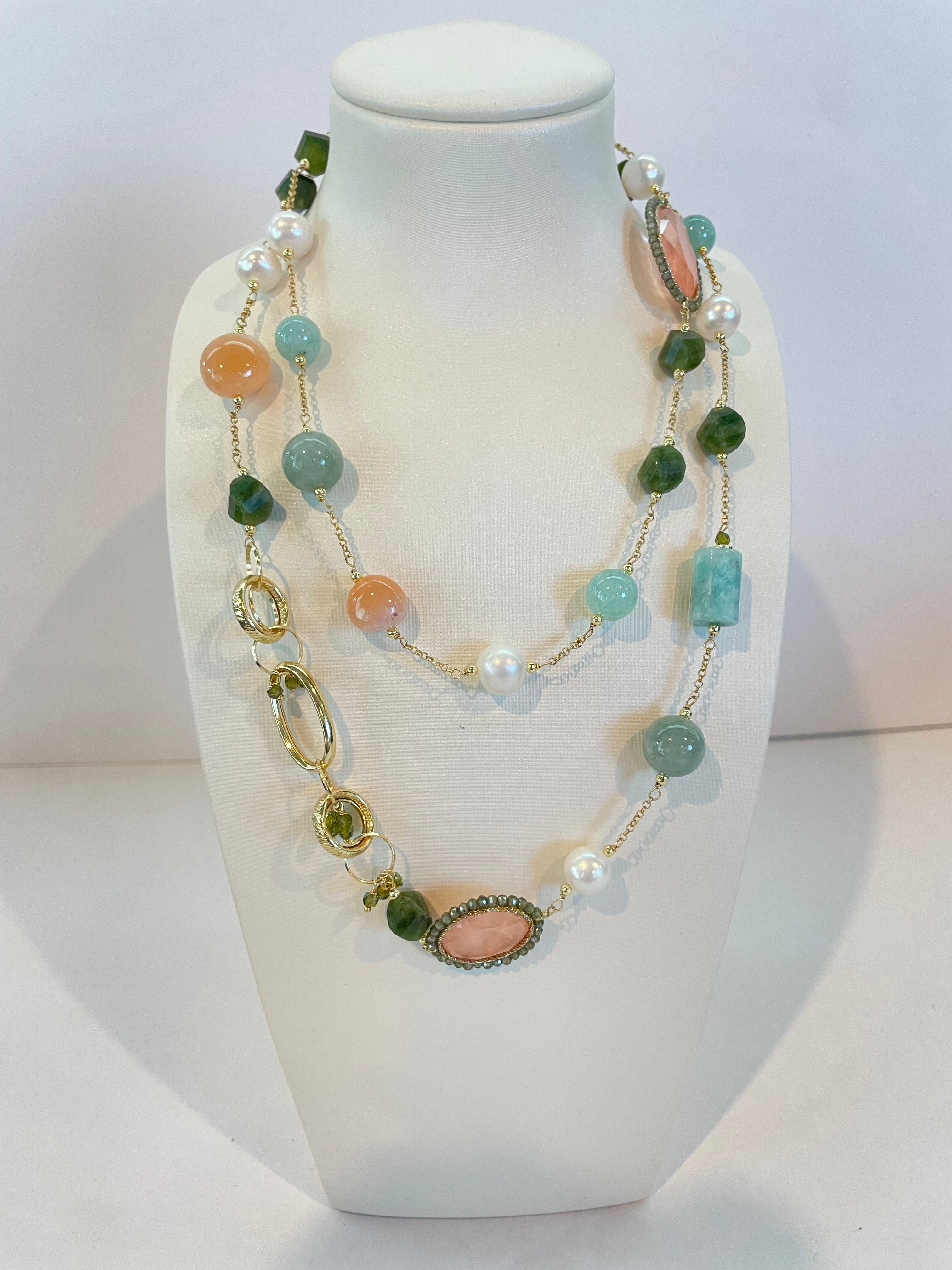Collar de Plata 925 Bañada en Oro con Amazonita y Perlas