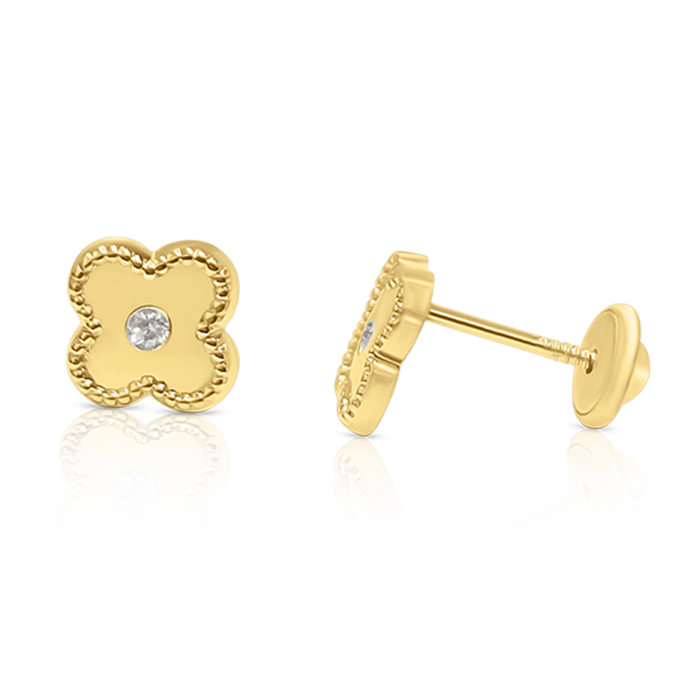 Aretes Trébol en Oro Amarillo 14K con Circonia