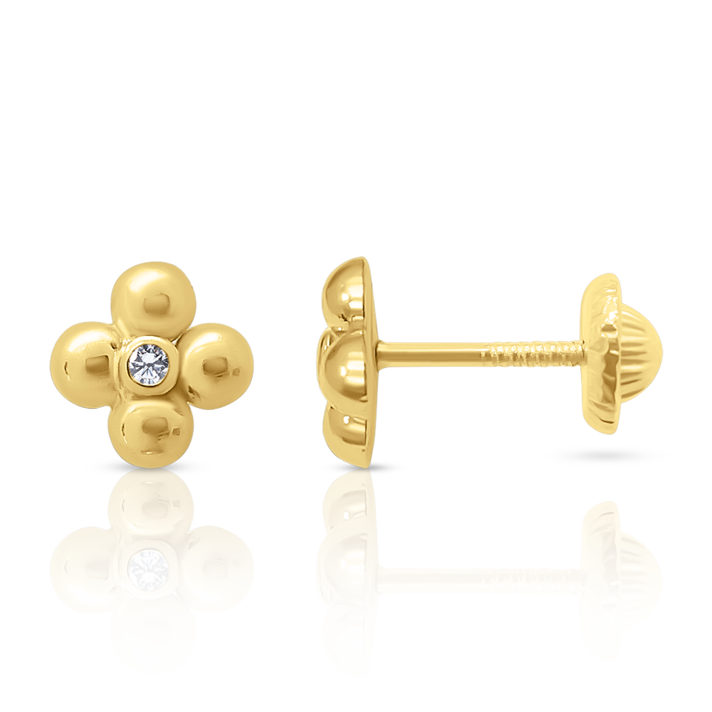 Aretes Florales en Oro Amarillo 14K con Circonia