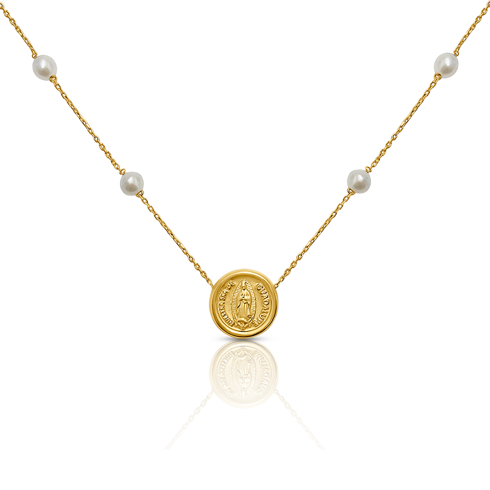 Collar Virgen de Guadalupe en Oro 14K con Perlas