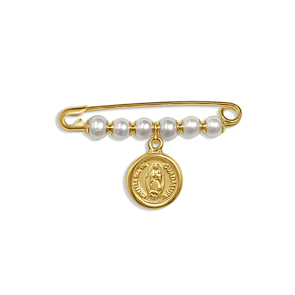 Pin de Oro Amarillo 14K con Perla y Virgen de Guadalupe