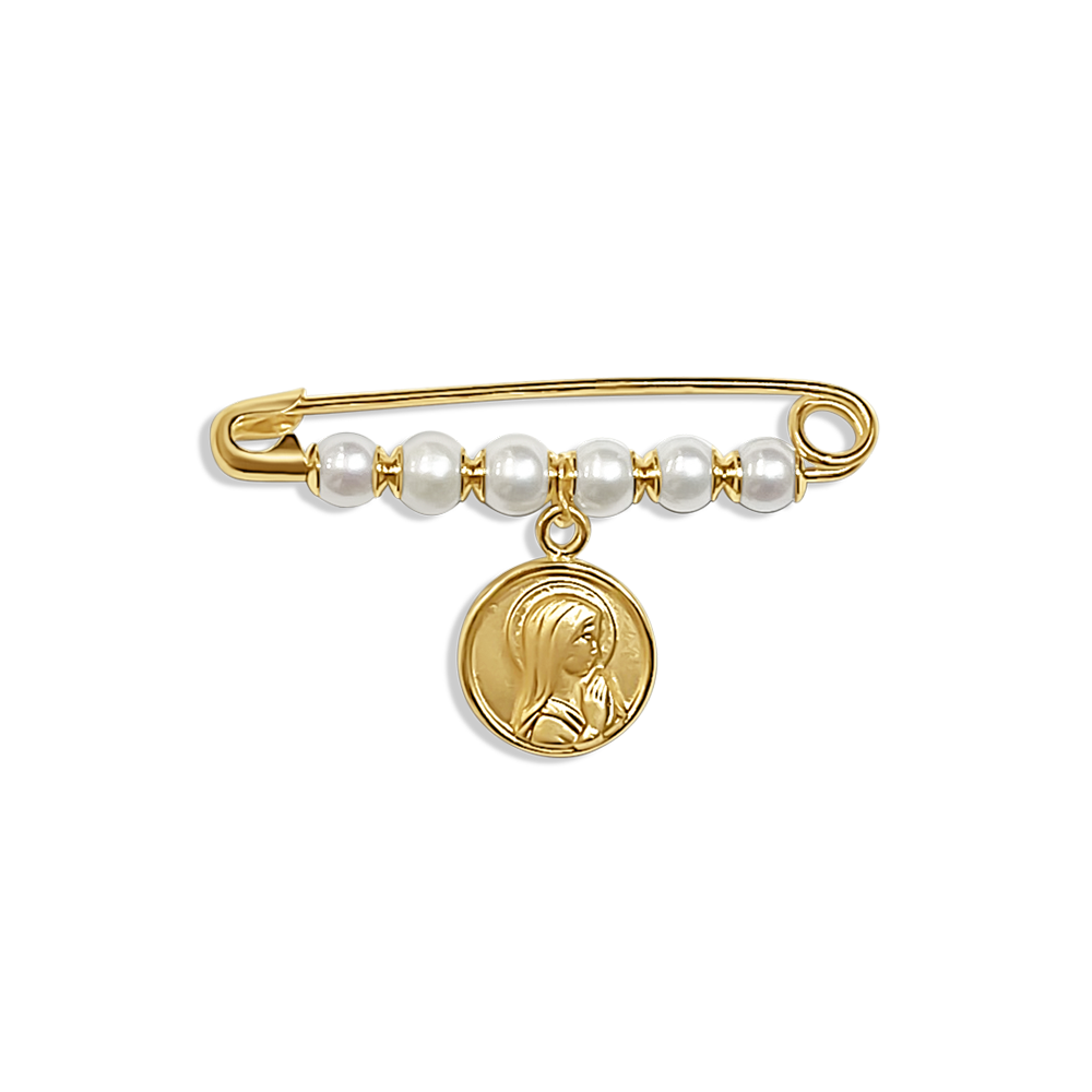 Pin de Oro Amarillo 14K con Perla y Medalla de Virgen