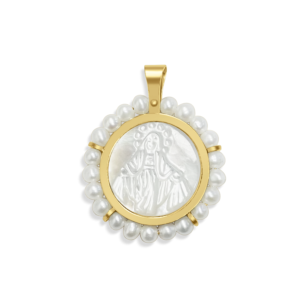 Medalla Virgen Milagrosa en Oro Amarillo 14K con Perla