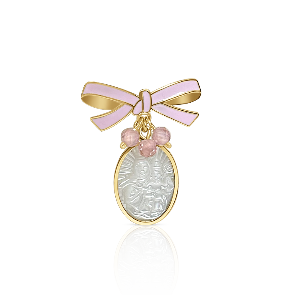 Pin Religioso en Oro 14K con Virgen y Lazo Rosa
