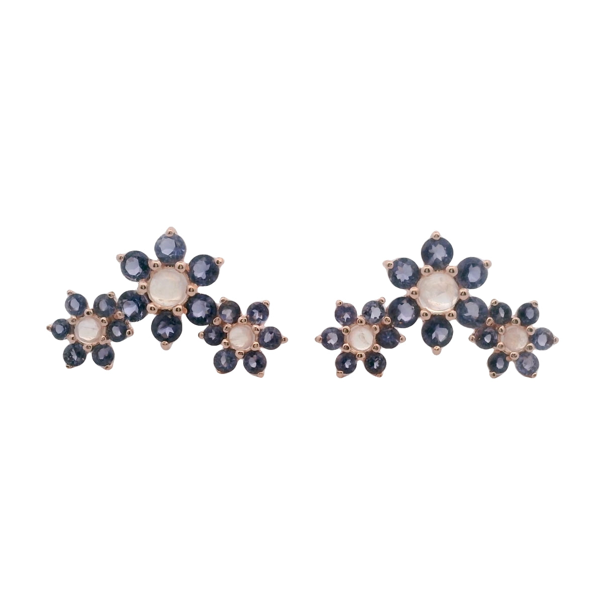 Aretes Florales con Iolitas y Piedra Luna en Oro Rosa