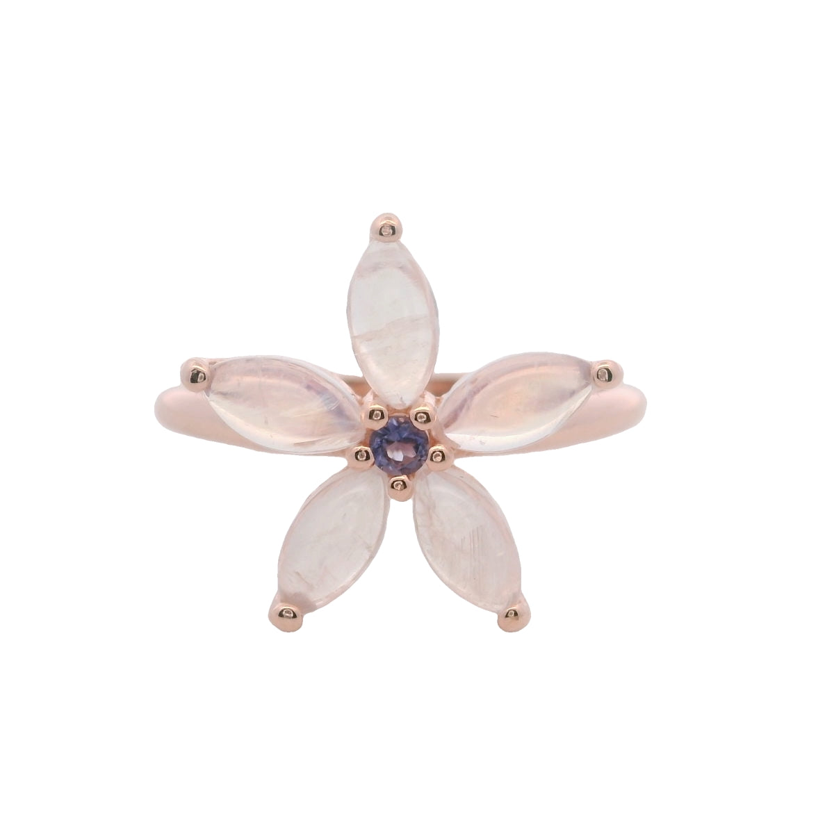 Anillo Floral en Plata 925 Bañada en Oro Rosa con Piedra Luna e Iolita