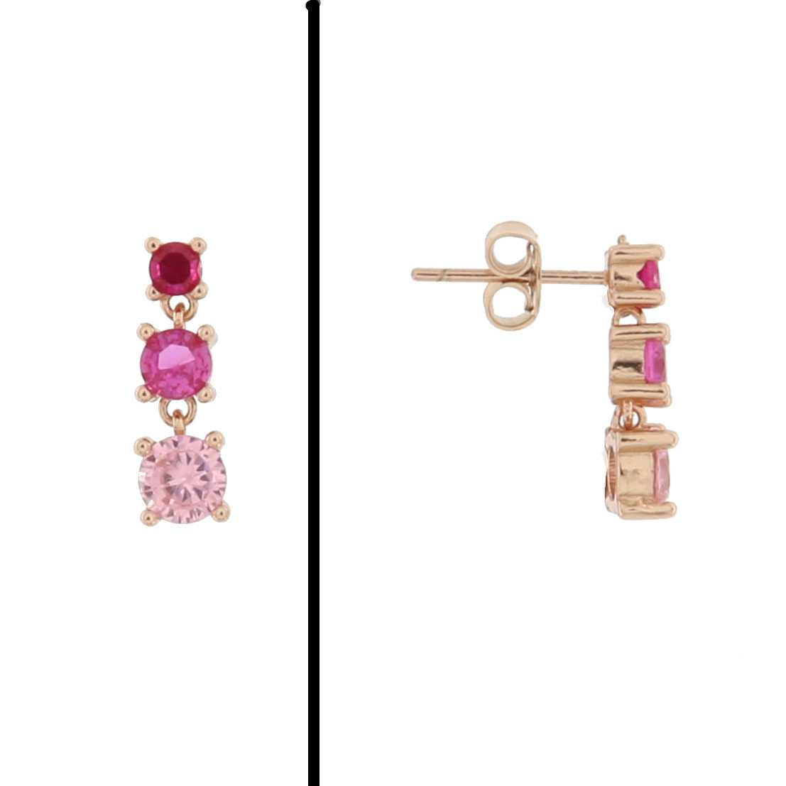 Aretes Triple Piedra Fucsia en Oro Rosa