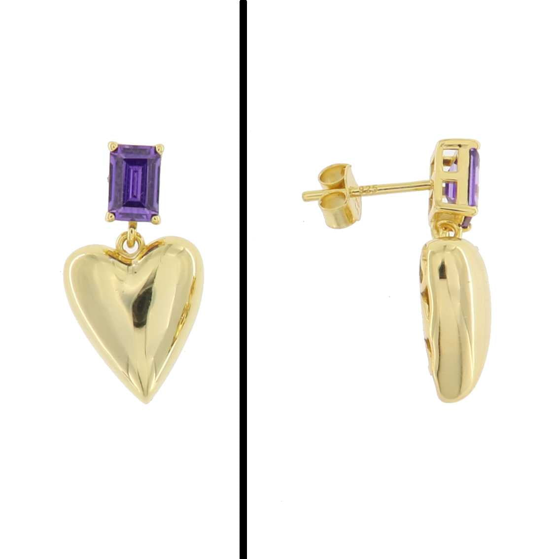 Aretes Corazón con Baguette Púrpura en Plata 925