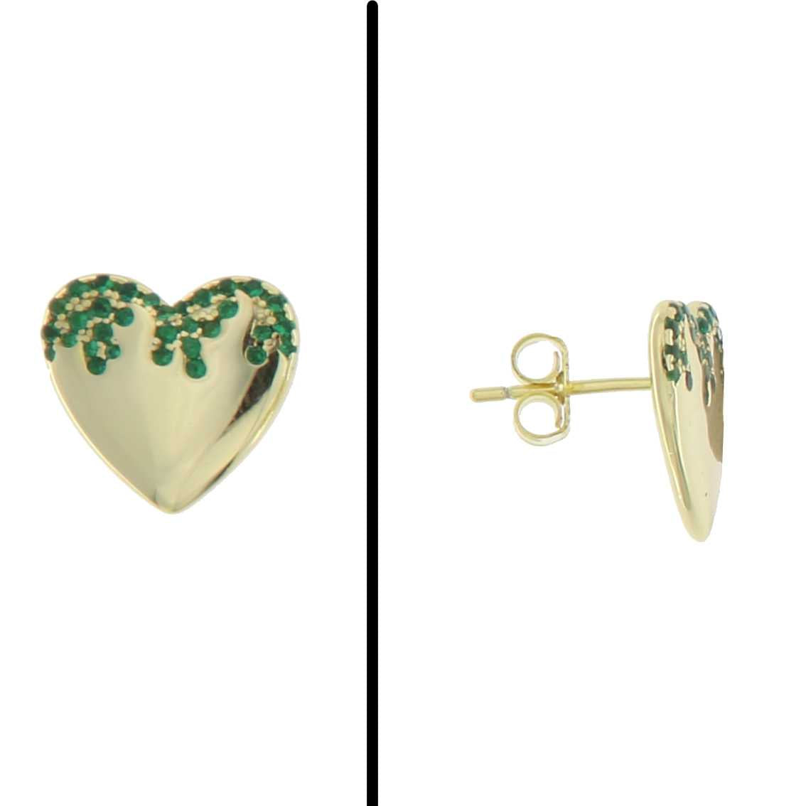 Aretes Corazón en Plata 925 Bañados en Oro con Circonias Verdes