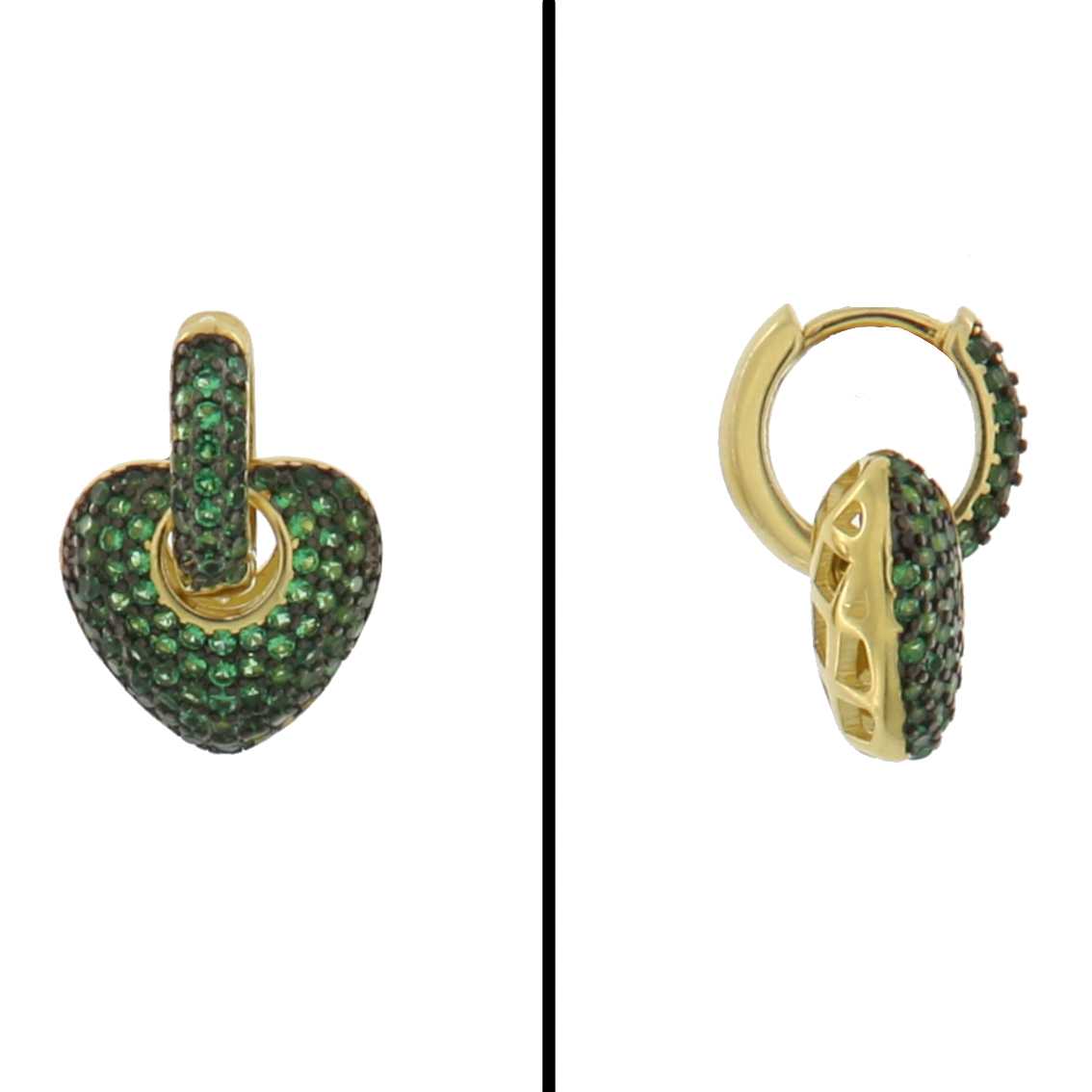 Aretes Corazón Pavé Verde en Plata 925 Bañada
