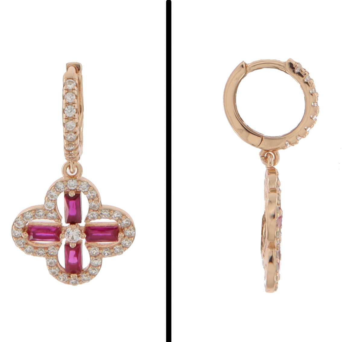Aretes Trébol en Plata 925 con Circonias Fucsias