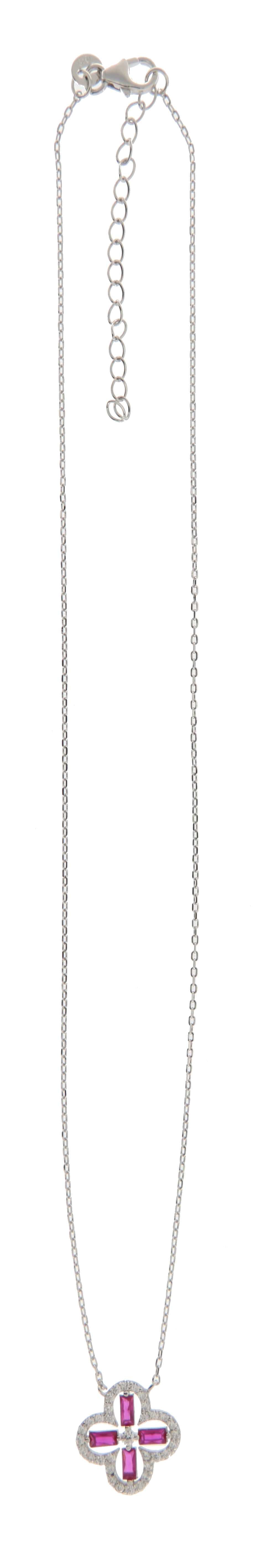 Collar Trébol en Plata 925 con Circonias Fucsia