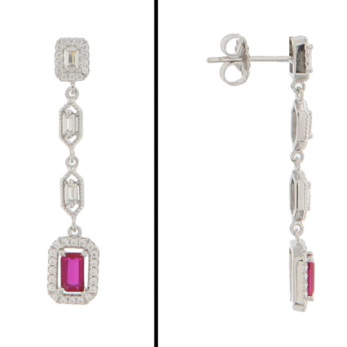 Aretes de Plata 925 con Circonias Baguette Fucsia