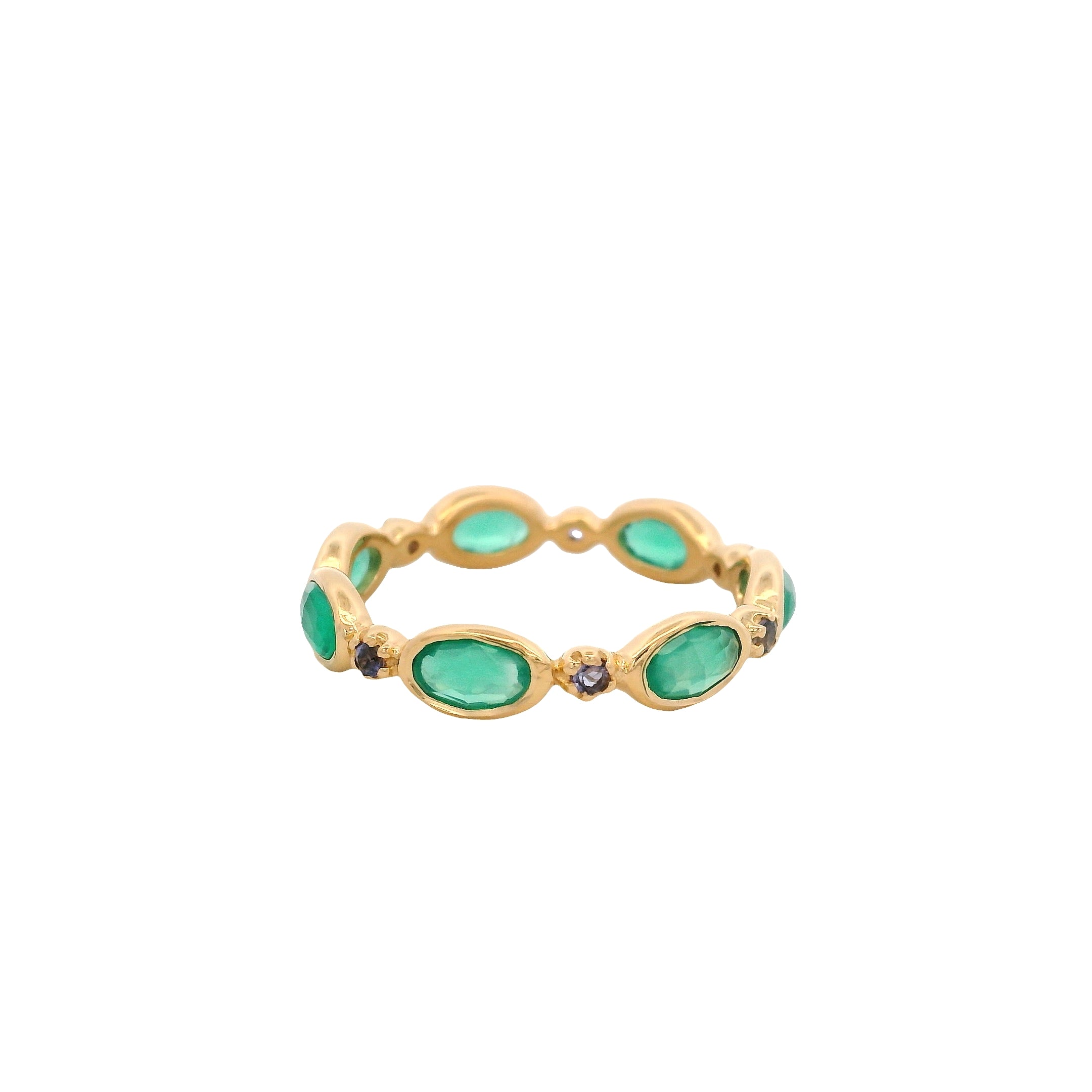 Anillo Ovalado de Ónix Verde e Iolita en Plata 925 Bañada en Oro