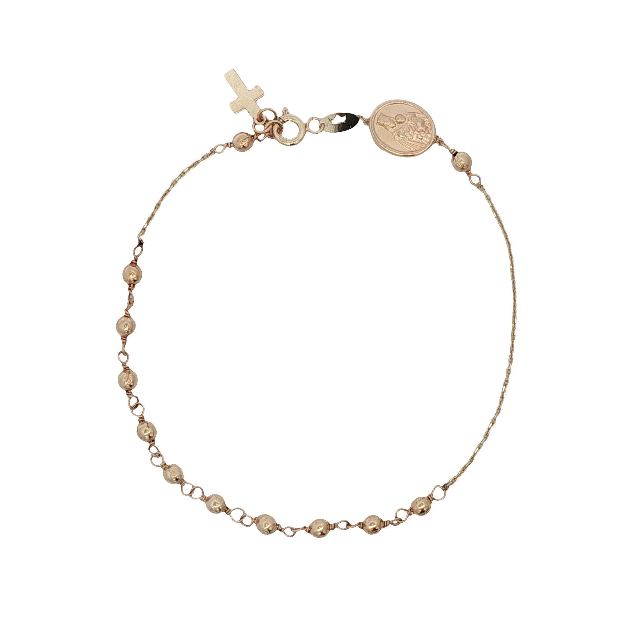 Pulsera de Virgen del Carmen y Cruz en Oro 14K